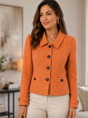 RANDY KEMPER TWEED BLAZER ORANGE TORTOISE BUTTONS SIZE 12 Career Classic Fall